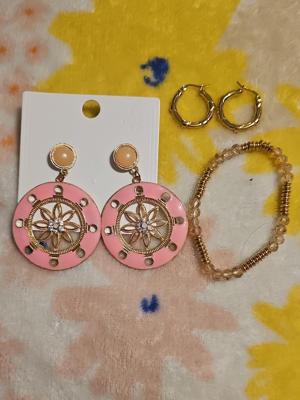Gold-Tone Pink Enamel Wheel Drop Earrings, Gold Hoops & .Gold Bead Bracelet